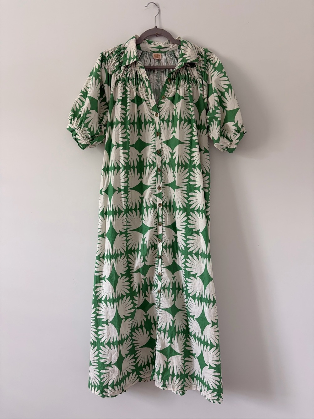 Sunshine Tienda Viridian Tile Oasis Puffed Short Sleeve Green Cream Maxi Dress M